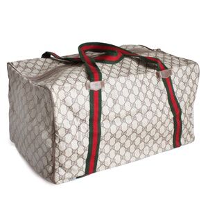 Gucci Duffle Bag GG Logo Canvas Brown Leather Trim Folding Travel Carry On 80s